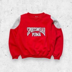 Vtg 90s Puma Sportswear Sweatshirt, Elbow Patches, V Stitch, Soft Puff Print, L